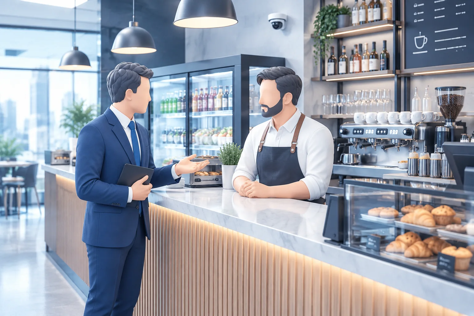 Un gestor de Geco revisa con el dueño de una cafetería el estado del local